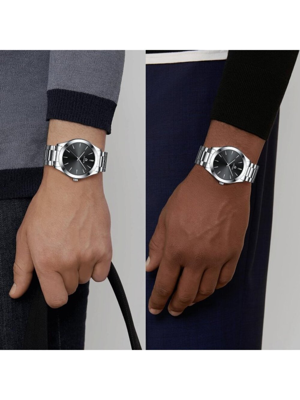 Men's Silver Black Classic Waterproof Stainless Steel Analog Quartz Luxury Watch - Picture 5 of 6